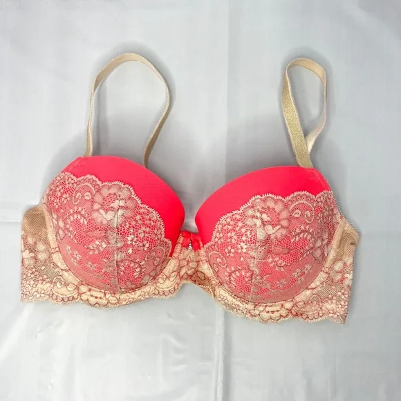 Victoria Secret Padded Lace Demi Bra 34D Underwire Dream Angels Pink Beige - Picture 1 of 7
